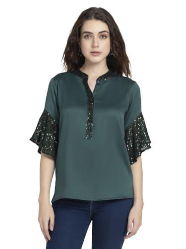 shaye green party 3/4th sleeves v-neck solid top for women