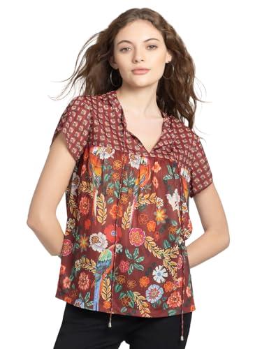 shaye maroon casual short sleeves band collar floral top for women