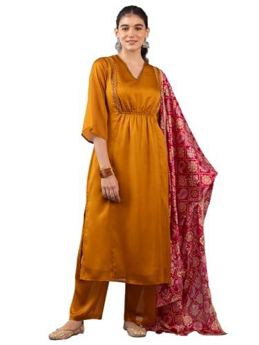 shaye mustard ethnic v-neck embroidered kaftan kurta and pant set with dupatta for women