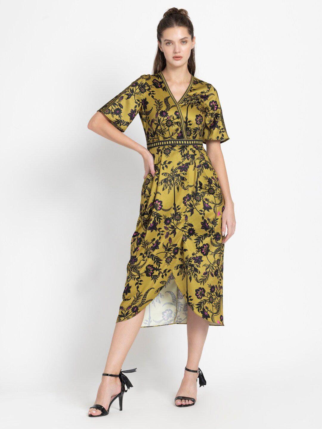 shaye mustard yellow & black floral print bell sleeve satin fit & flare midi dress