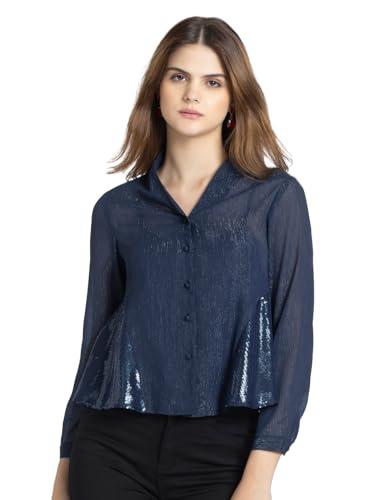 shaye navy blue party full sleeves v-neck solid chiffon shirt for women