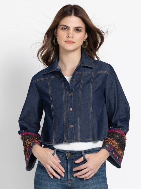 shaye navy denim regular fit crop shirt