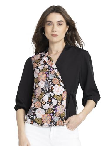 shaye notch collar black floral print three-quarter sleeves casual tops for women