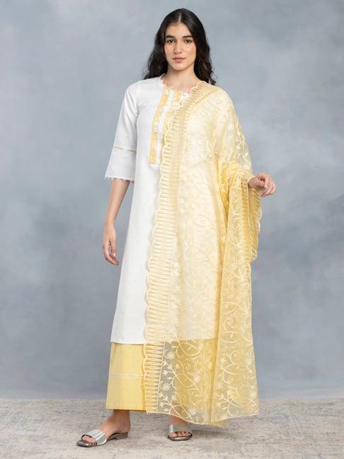 shaye off white & yellow embroidered kurta with palazzos & dupatta