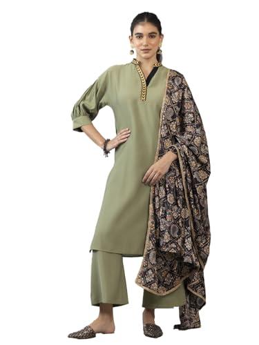 shaye olive ethnic v-neck poly chanderi kurta and pant set with dupatta for women