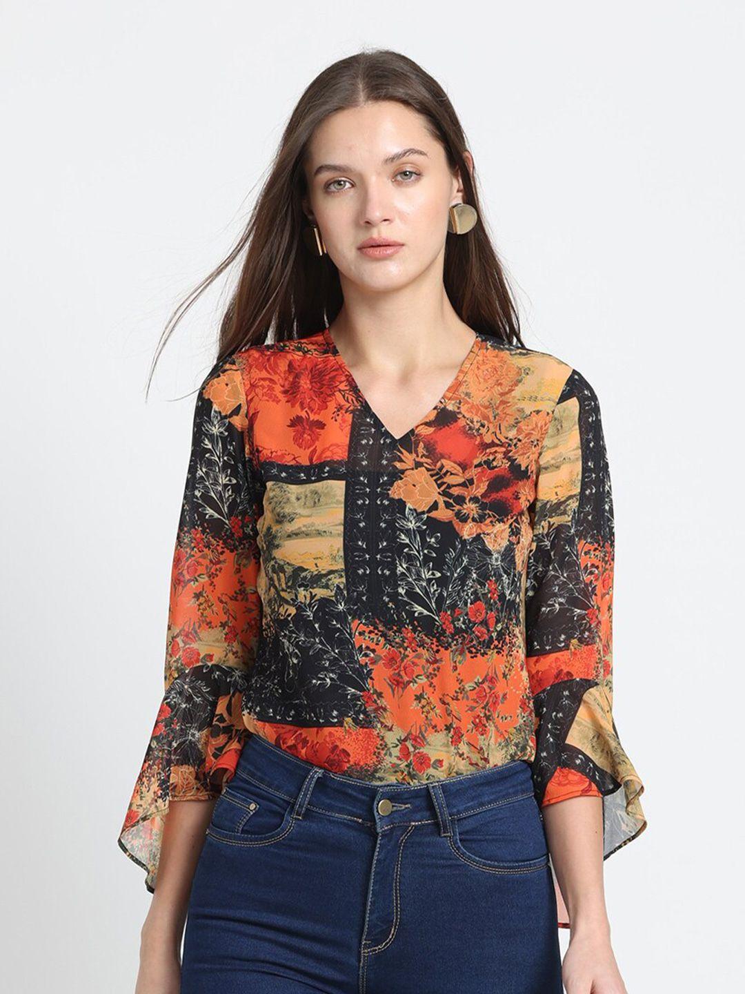 shaye orange & black floral print georgette top