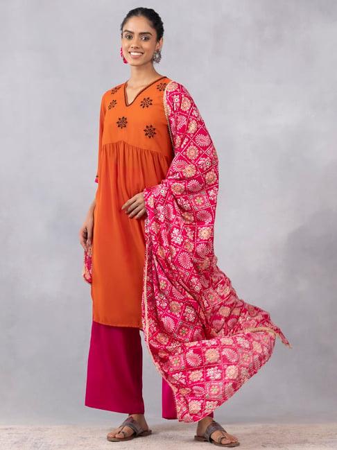 shaye orange & pink floral print kurta with palazzos & dupatta