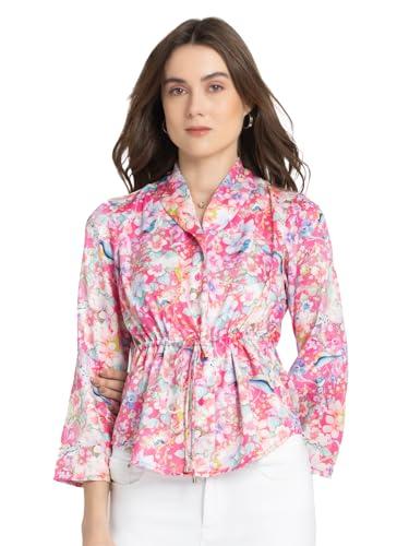 shaye pink three-quarter sleeves casual shawl collar floral printed shirt for women