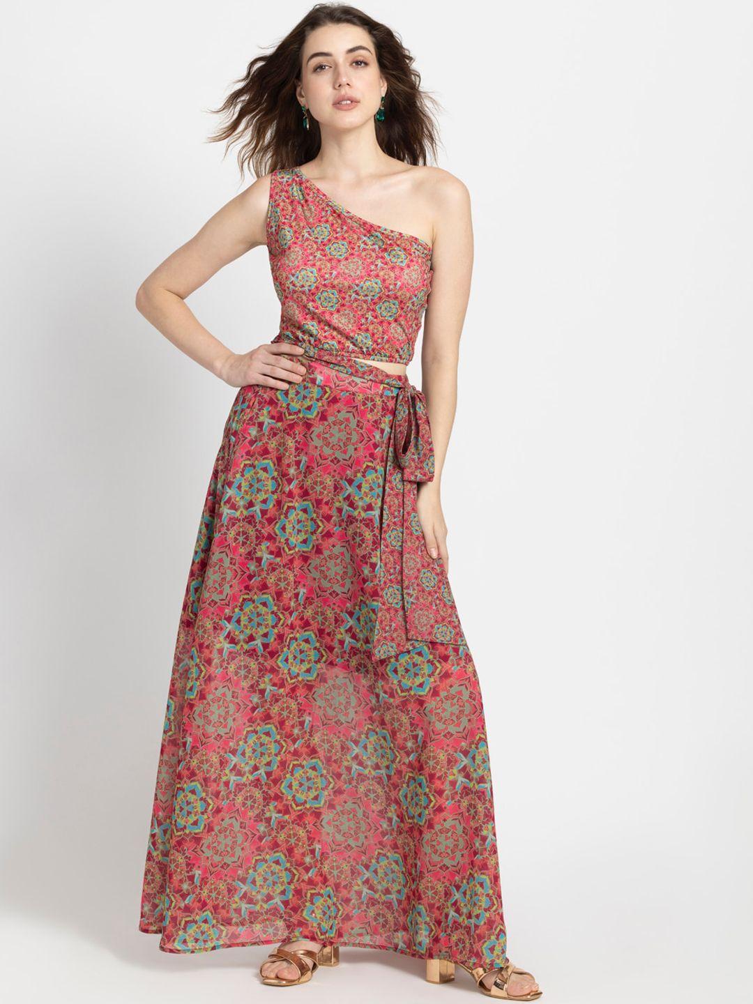 shaye printed one shoulder sleeveless crop top with a-line flared long skirt co-ords