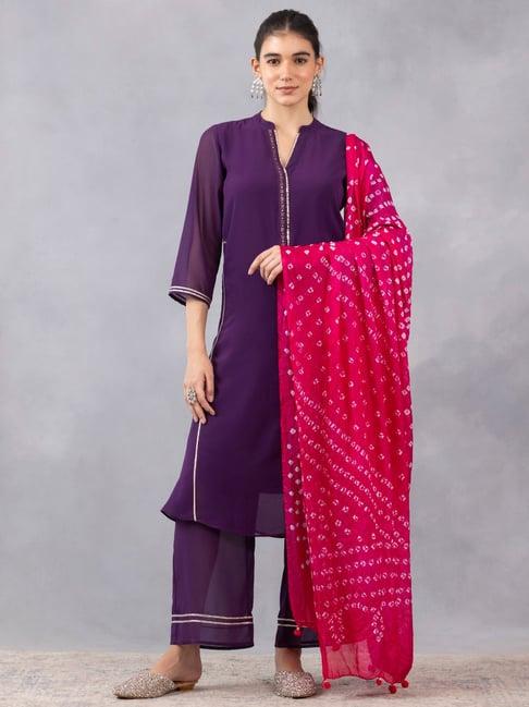 shaye purple ethnic 3/4th sleeves v-neck solid calf length kurta and pant set for women