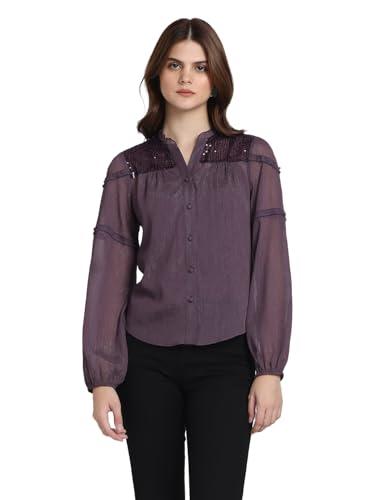 shaye purple party long sleeves band collar solid chiffon shirt for women