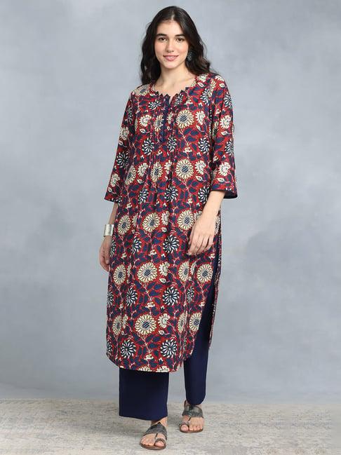 shaye red & blue cotton printed kurta with pants