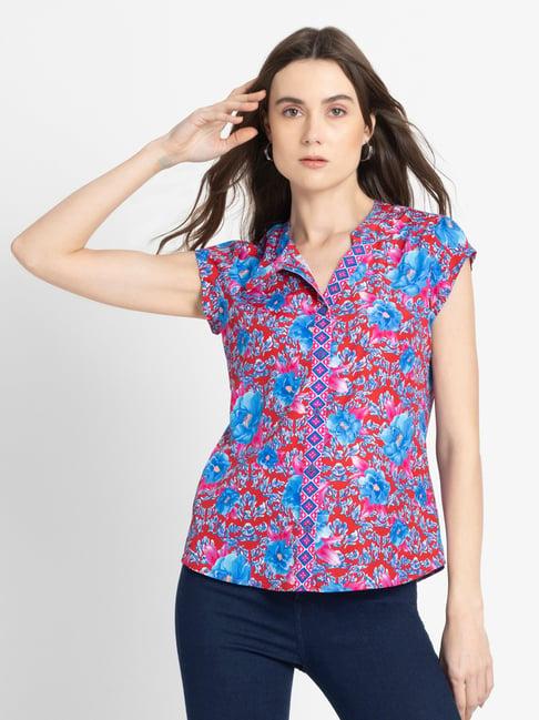 shaye red & blue floral print shirt