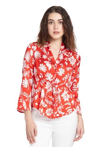 shaye red casual 3/4th sleeves v-neck floral printed satin shirt for women