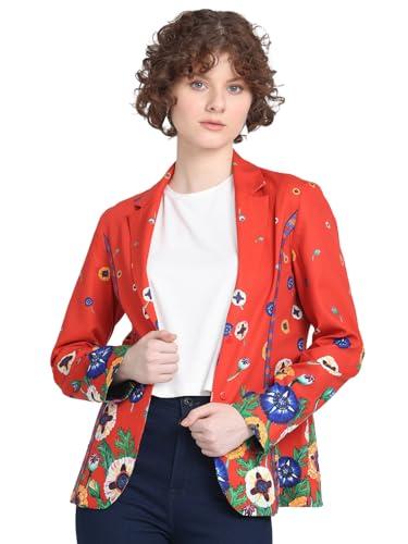 shaye red casual full sleeves lapel collar floral printed jacket for women