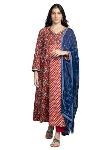 shaye red ethnic v-neck printed calf length kurta and pant set with dupatta for women