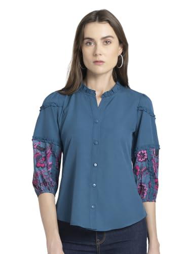 shaye round neck blue solid three-quarter sleeves casual shirt for women