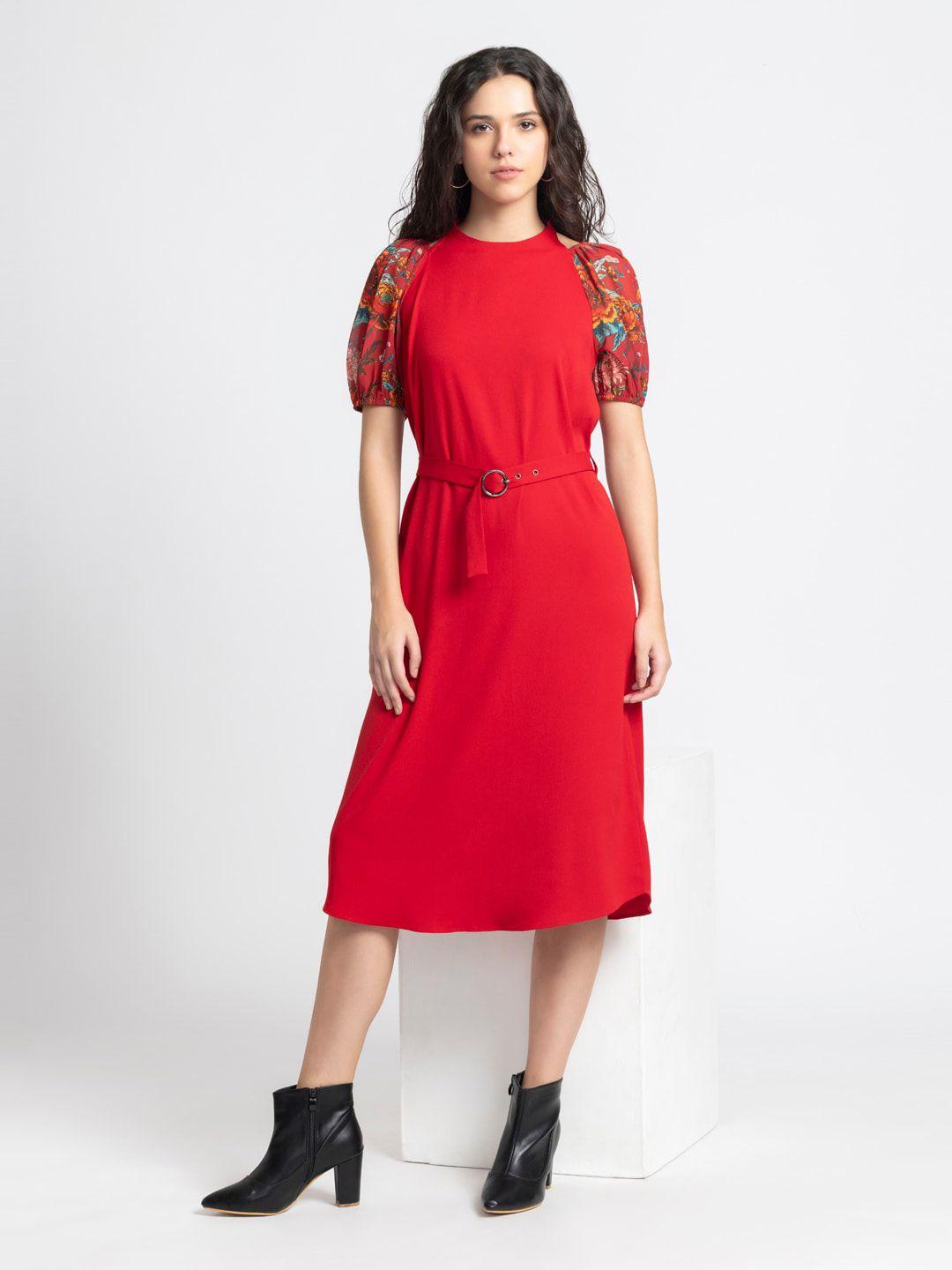 shaye round neck puff sleeve tie-ups a-line midi dress