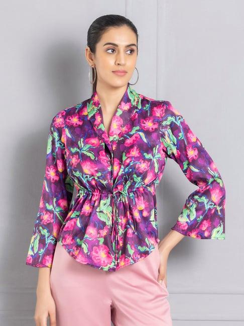 shaye shawl collar purple floral print three-quarter sleeves casual shirts for women