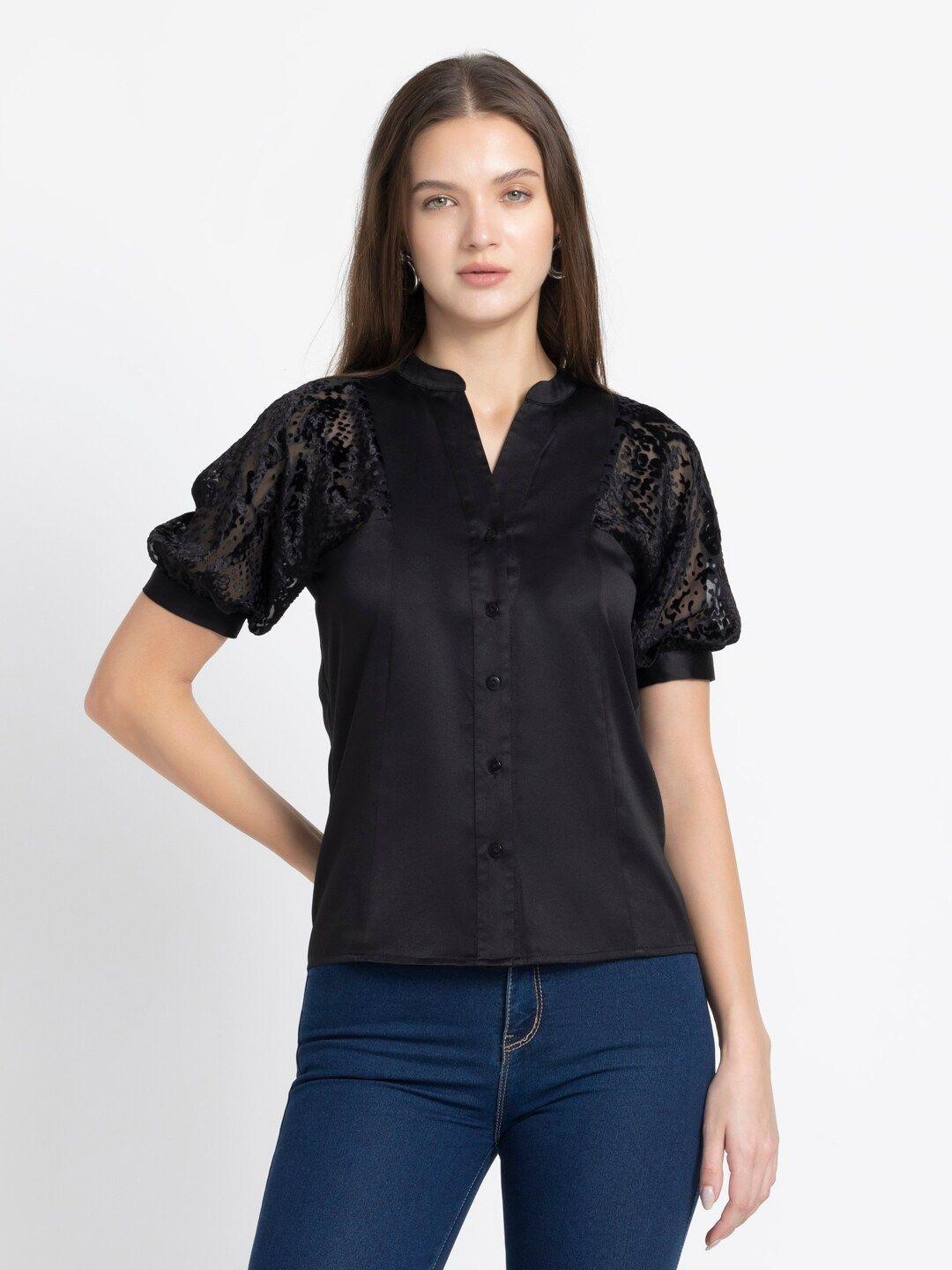 shaye smart lace detail puff sleeves mandarin collar casual shirt