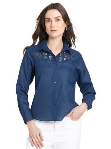 shaye spread collar blue embroidered long sleeves casual shirts for women