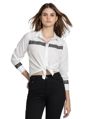 shaye spread collar white solid long sleeves casual shirt for women