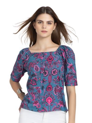 shaye teal casual short sleeves square neck floral top for women