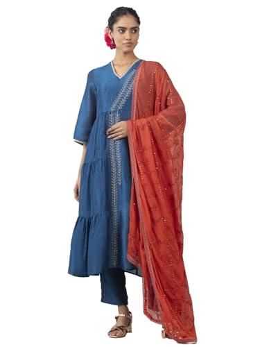 shaye teal ethnic v-neck crepe kurta and pant set with dupatta for women