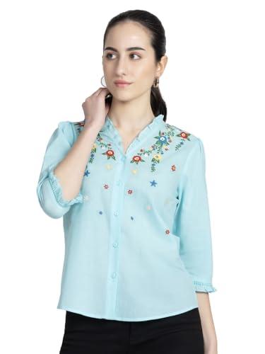 shaye v-neck blue embroidered three-quarter sleeves casual tops for women