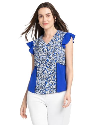 shaye v-neck cobalt blue floral print short sleeves casual tops for women