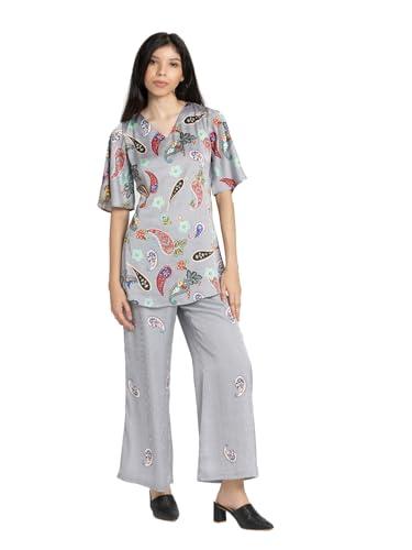 shaye v-neck grey printed fusion kurta set for women