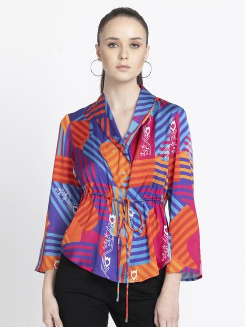 shaye v-neck purple printed three-quarter sleeves casual top for women