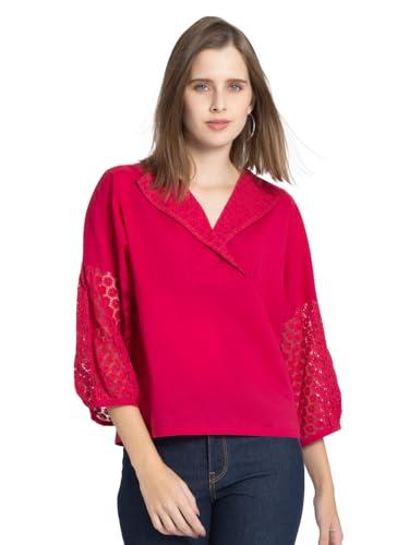 shaye v-neck raspberry pink solid three-quarter sleeves casual tops for women