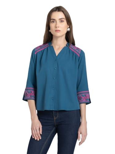 shaye v-neck teal solid three-quarter sleeves casual shirt for women