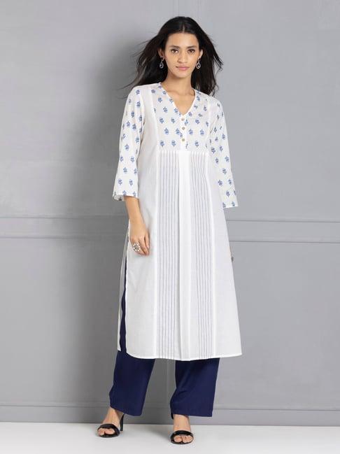 shaye v-neck white printed three-quarter sleeves ethnic kurtas for women