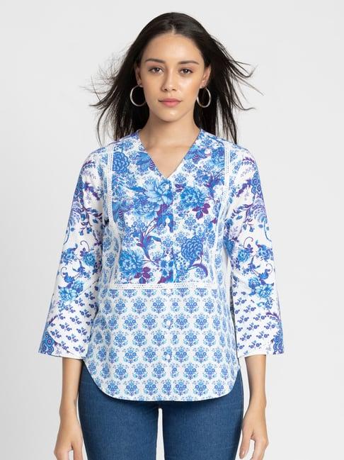 shaye white & blue cotton floral print top