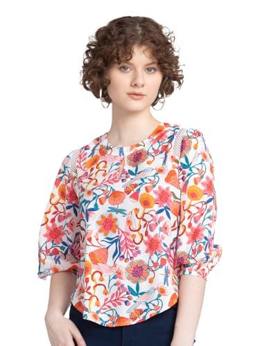 shaye white casual 3/4th sleeves round neck floral top for women top