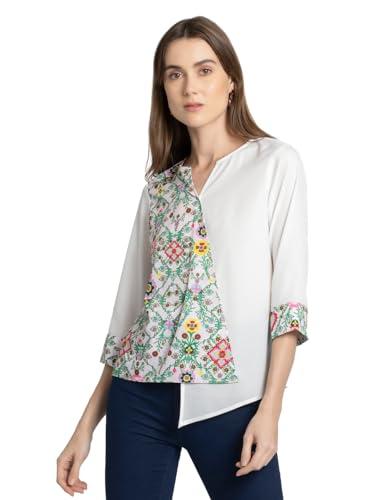 shaye white casual 3/4th sleeves round neck floral top for women