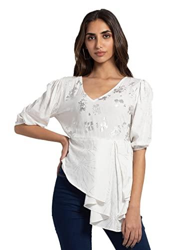 shaye white casual 3/4th sleeves v-neck floral printed top for women