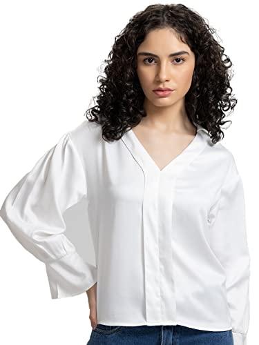 shaye white casual long sleeves v-neck solid satin top for women