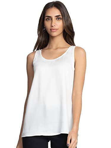 shaye white casual sleeveless round neck solid satin top for women