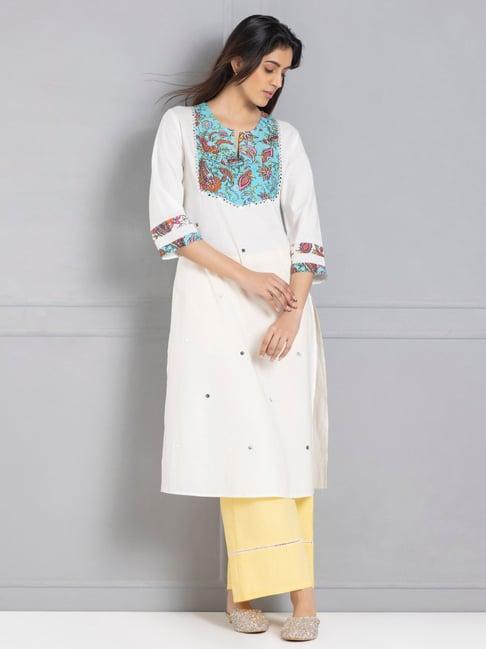 shaye white cotton embellished kurta