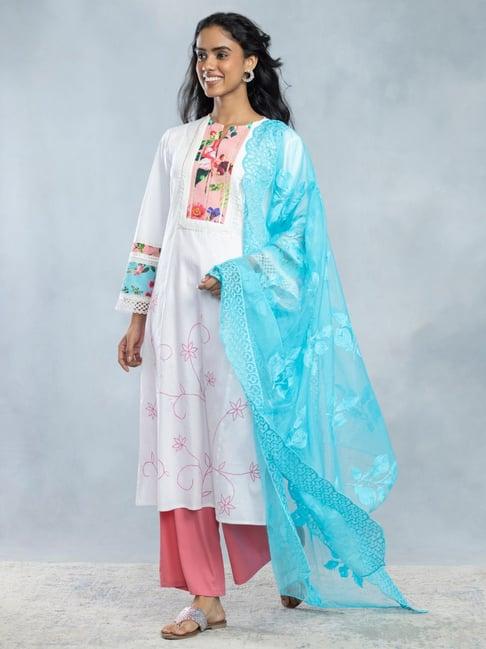 shaye white embroidered kurta with palazzos & dupatta