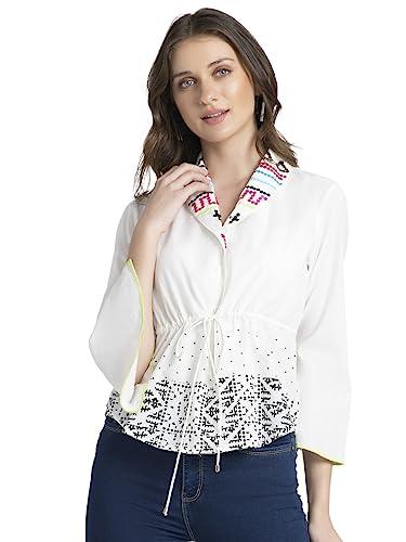 shaye white party 3/4th sleeves v-neck printed top for women