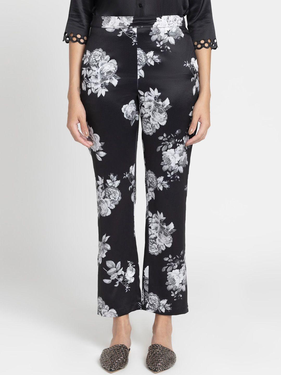 shaye women black floral printed smart slim fit trousers