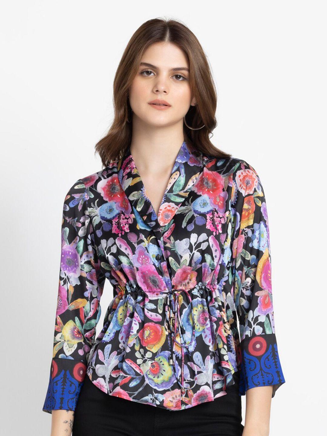 shaye women black smart floral opaque printed casual shirt