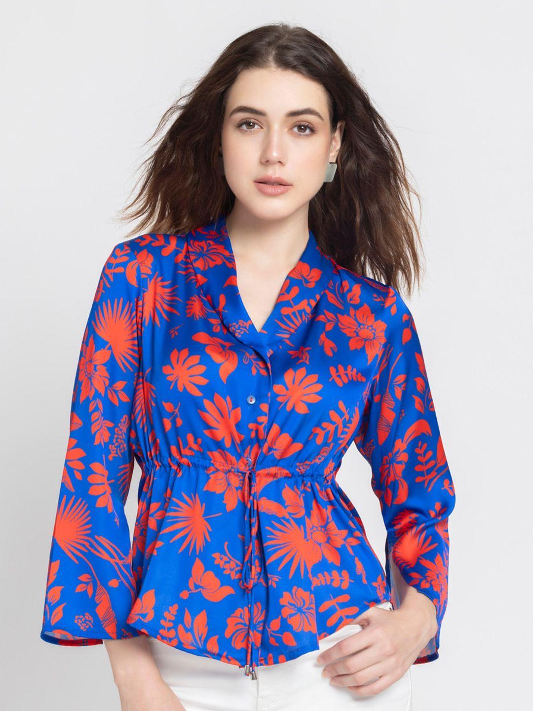 shaye women blue comfort opaque printed casual shirt