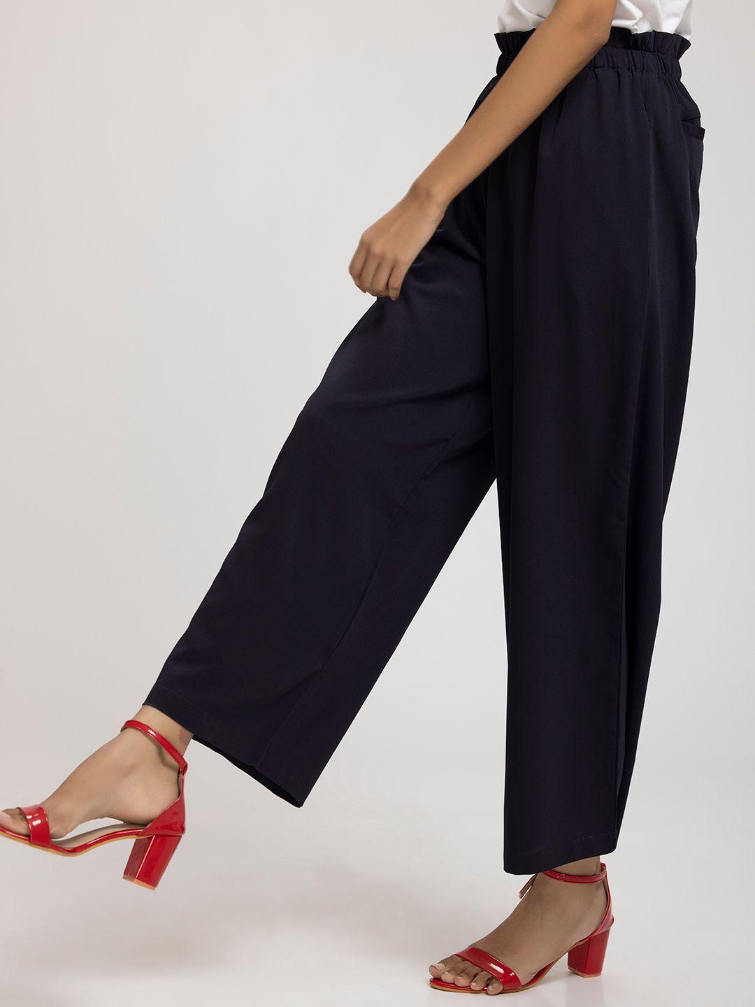 shaye women navy blue relaxed flared trousers