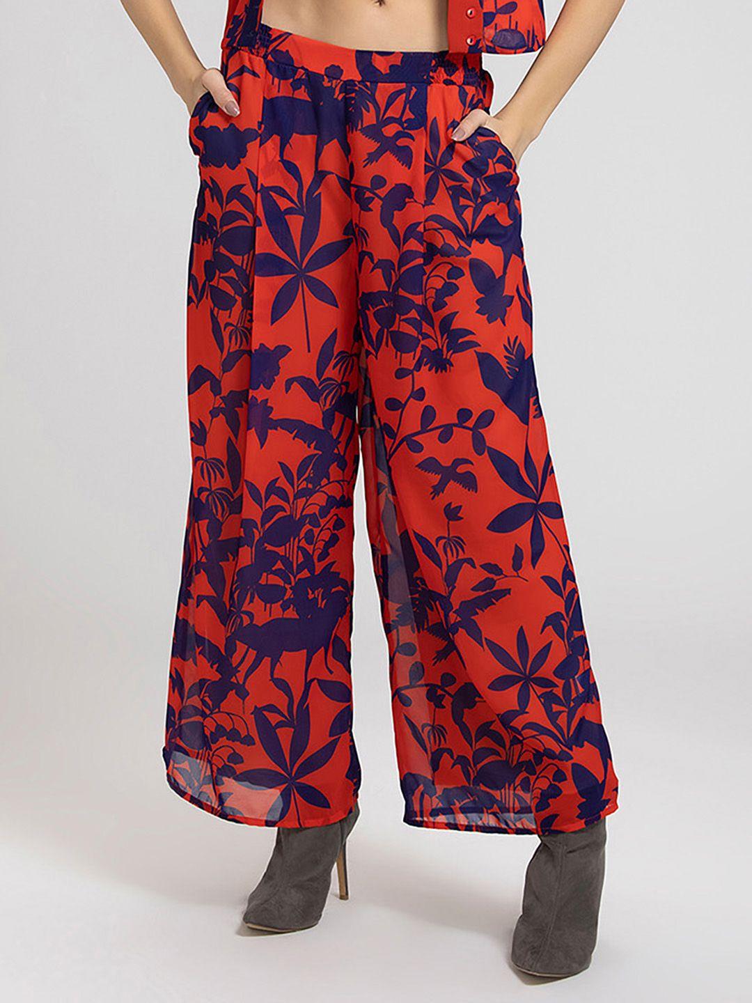 shaye women red & blue floral printed smart loose fit easy wash trousers