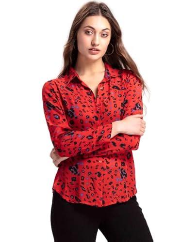 shaye women red animal printed opaqu0e casual shirt | has a buttondown collar | animal print | button placket | long regular sleeves | curved hem